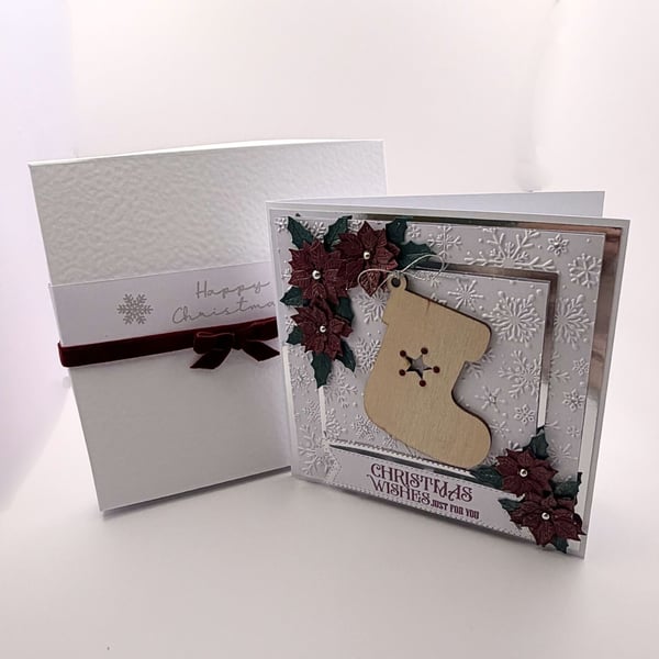Luxury Handmade Christmas Card - Wooden Stocking & Poinsettias, Boxed Keepsake