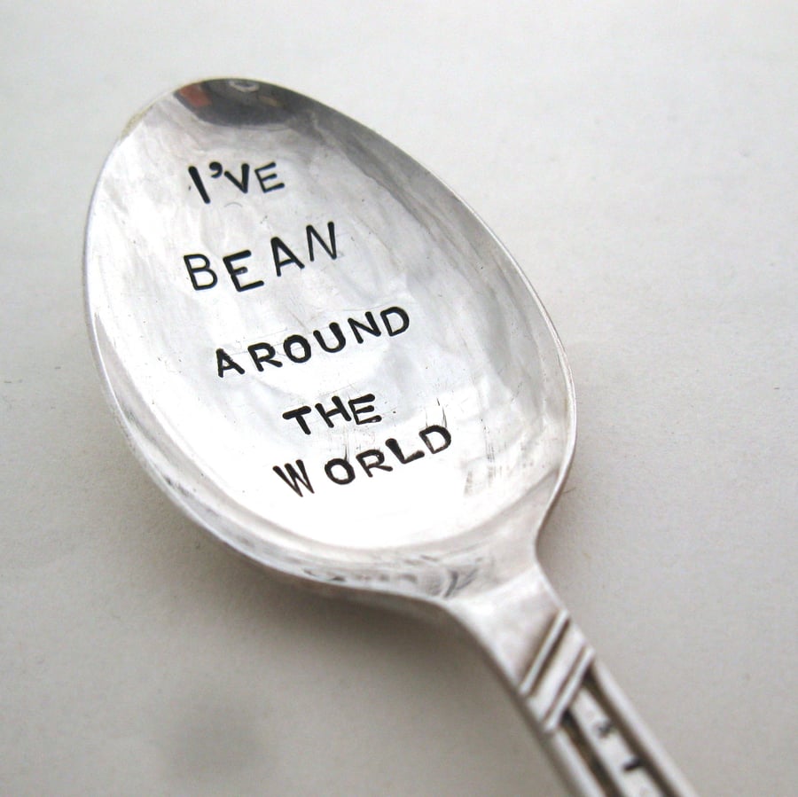 I've Bean Around the World, coffeespoon with terrible pun, handstamped