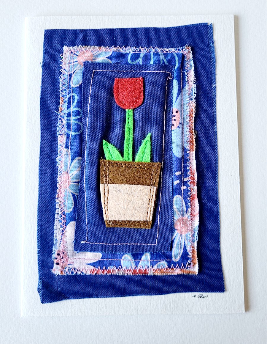 Handmade 'Red Tulip' Felt and Fabric Greeting Card
