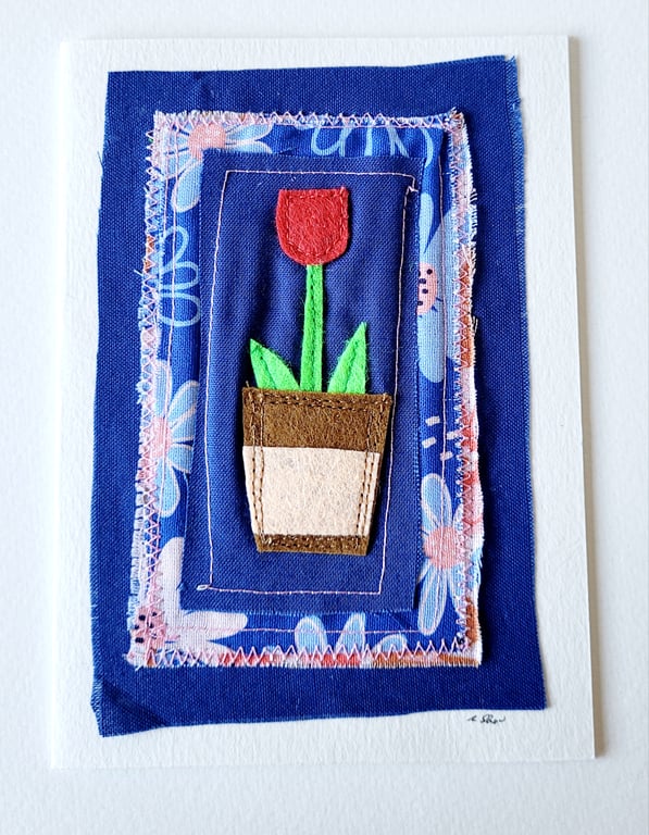 Handmade 'Red Tulip' Felt and Fabric Greeting Card