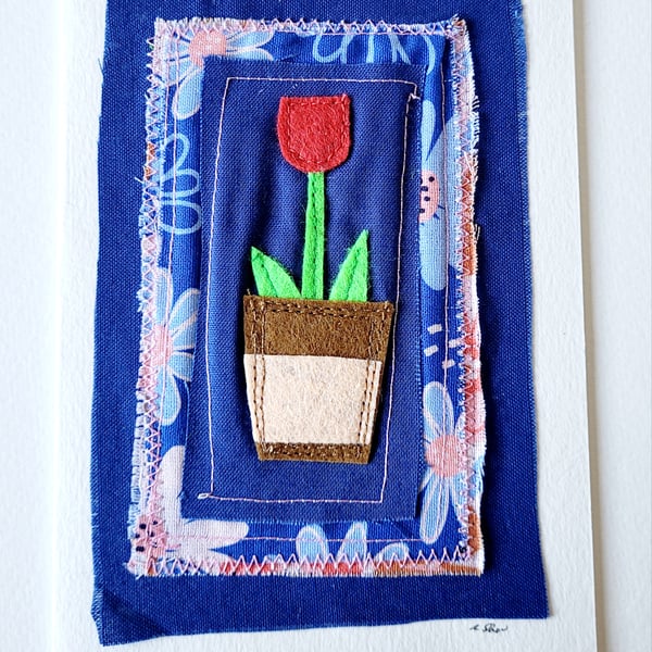 Handmade 'Red Tulip' Felt and Fabric Greeting Card