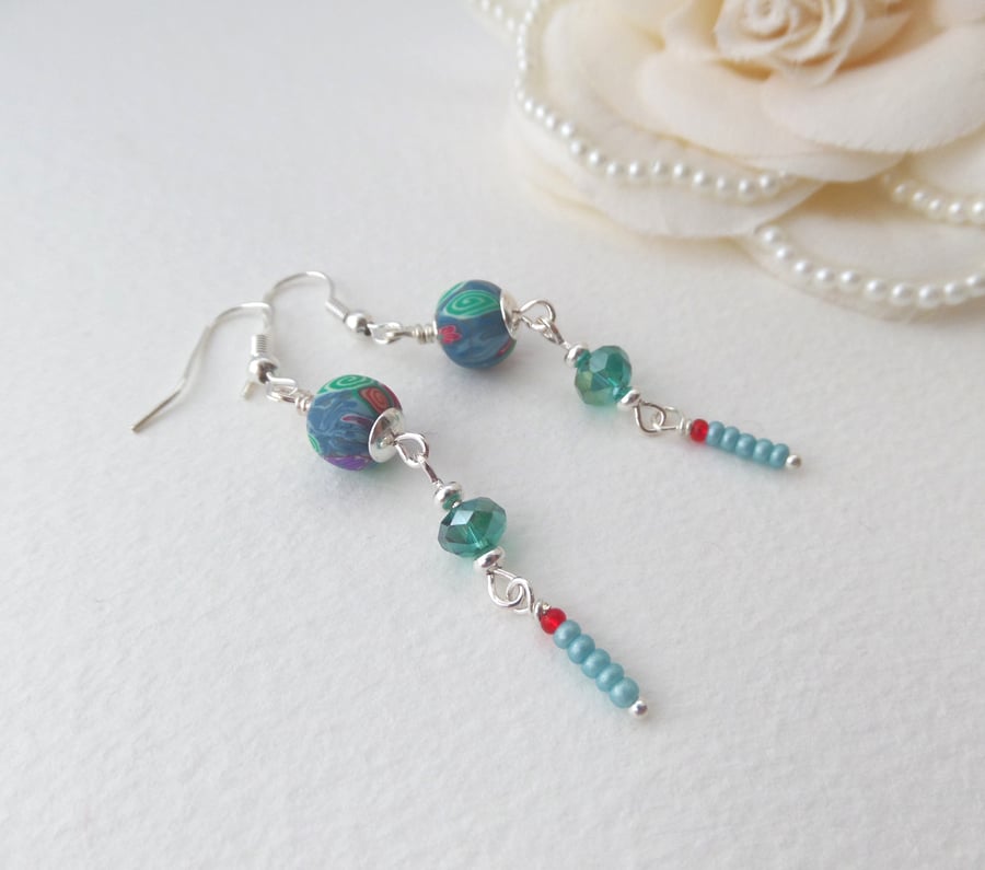 Long Teal Earrings, Silver Medium Length Crystal Dangle Earrings