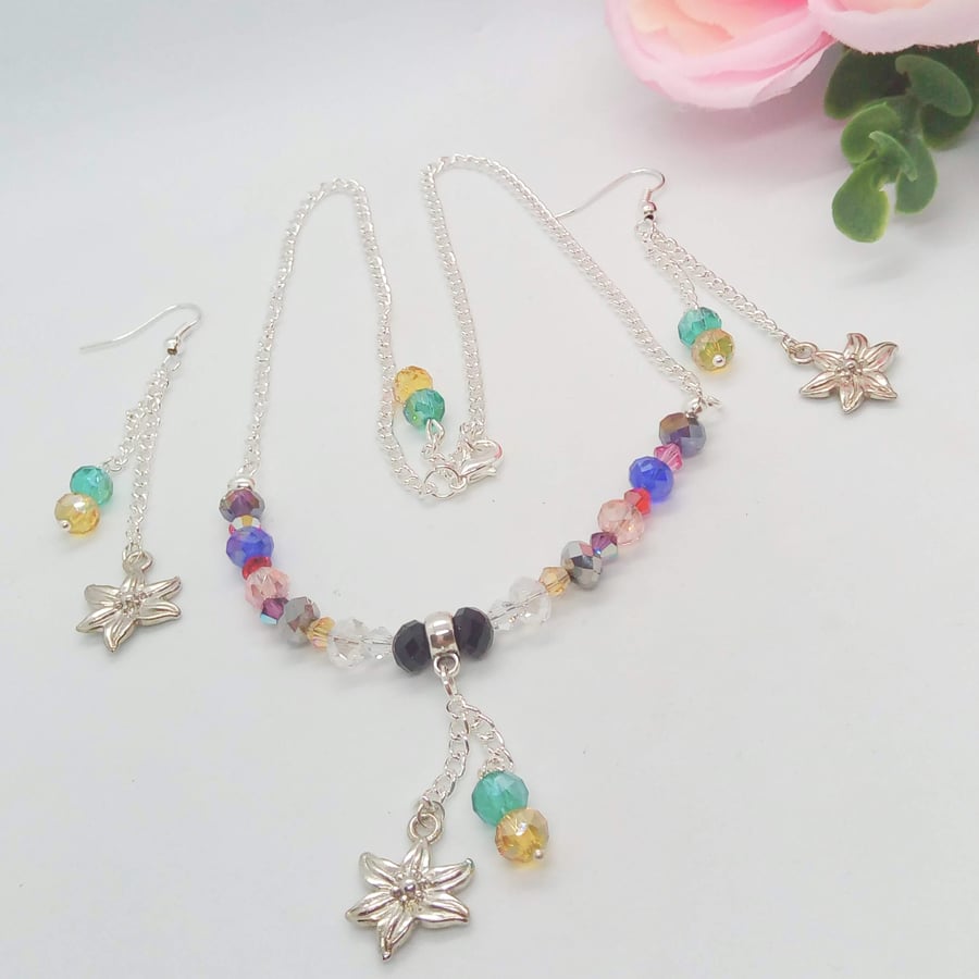 Multi Coloured Crystal Bead and Flower Charm Necklace and Earrings, Gift for Her