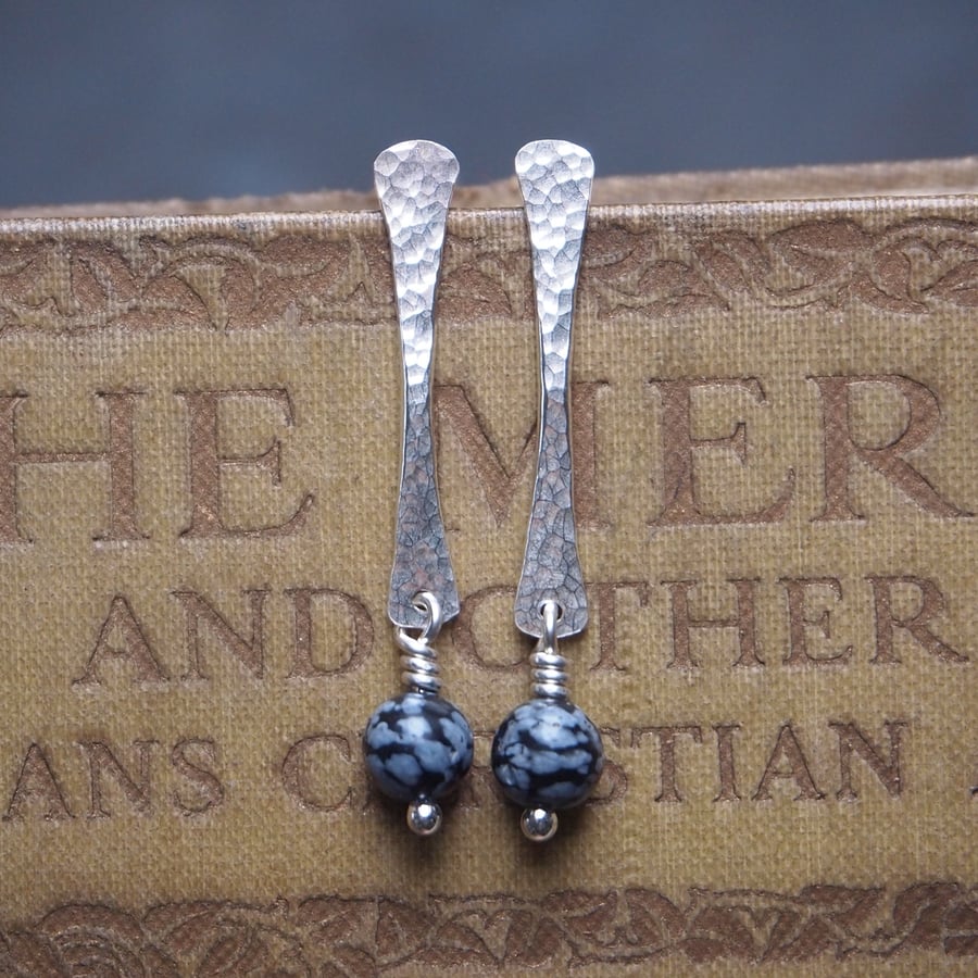 Silver rod stud earrings with snowflake obsidian