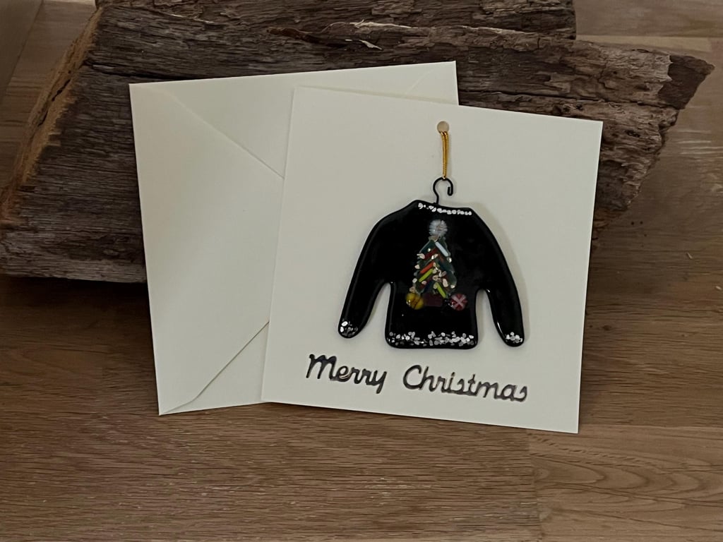 Handmade Detachable Keepsake, Fused Glass Festive Jumper Christmas Card