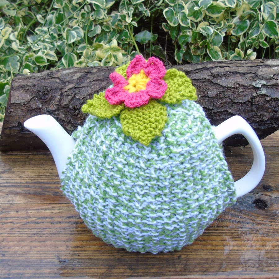 Hand knitted tea cosy to fit a large standard size teapot floral tea cosy