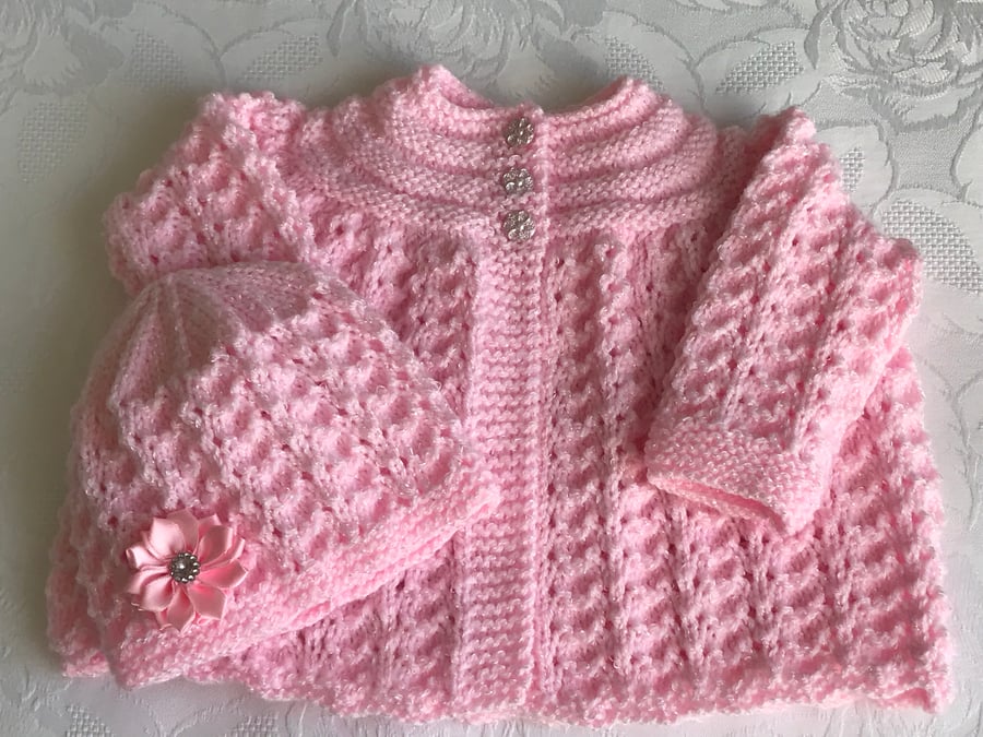 Hand Knitted Pink Matinee Cardigan and Matching Hat, Fits 0 - 3 months