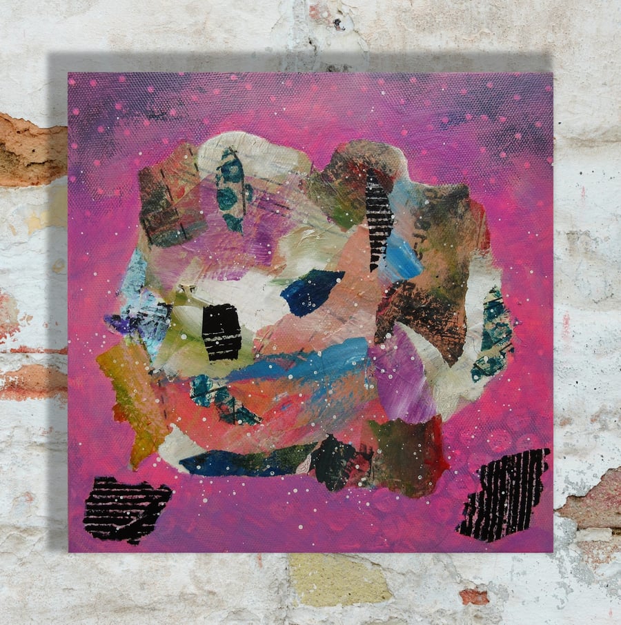 Small Abstract Painting on Canvas 8x8" Pink Purple Collage Mixed Media Artwork 