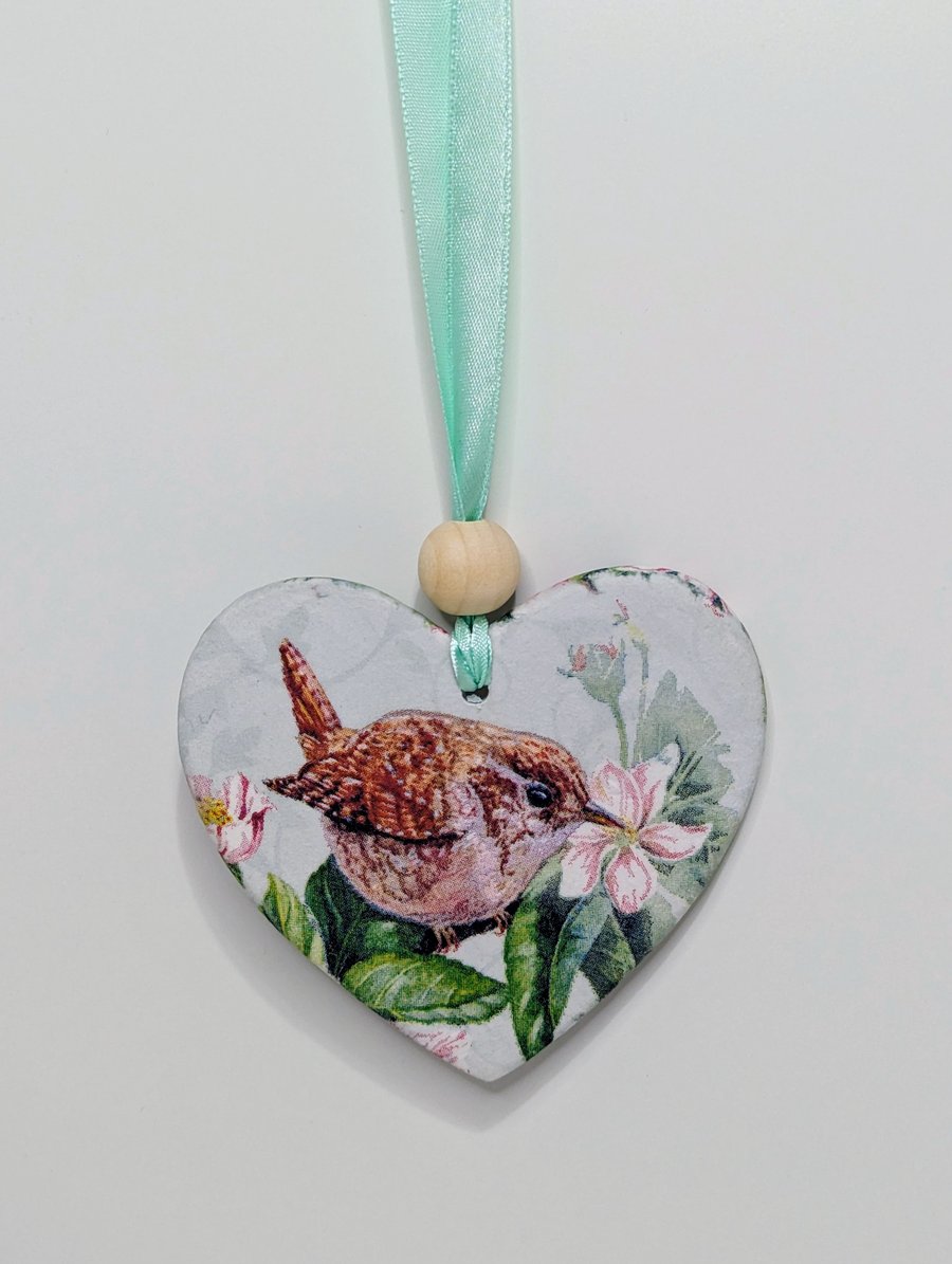 Wren garden bird clay hanging heart decoration, gift for a bird lover