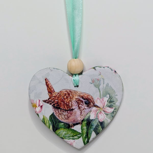 Wren garden bird clay hanging heart decoration, Mothers Day, bird lover gift