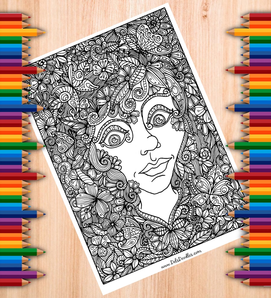 Digital Colouring Page - Face In Flowers