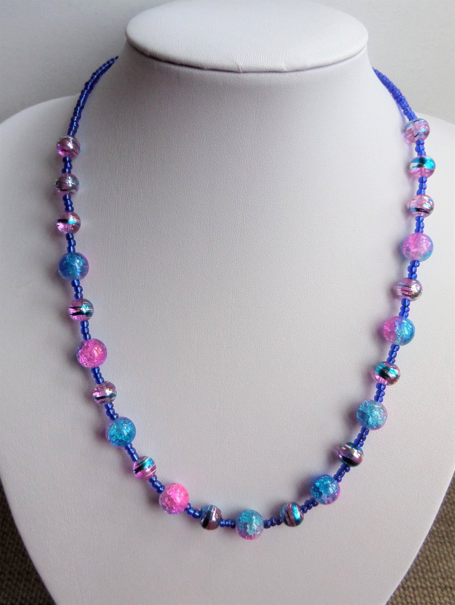 Blue, pink and silver glass bead necklace