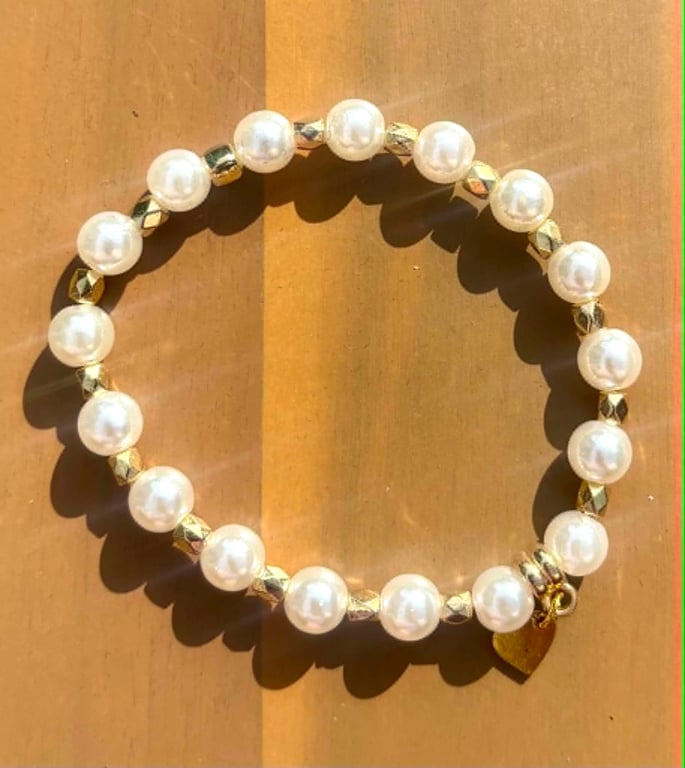 Handmade Pearl-Look Beaded Bracelet with Gold-Tone Spacers