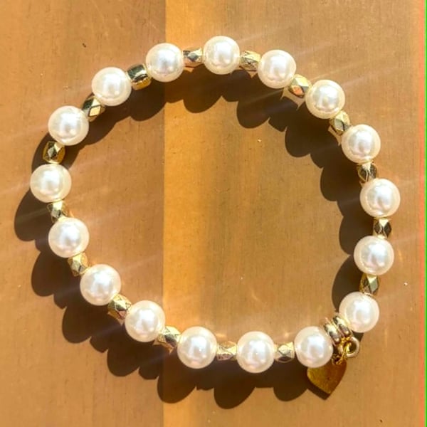 Handmade Pearl-Look Beaded Bracelet with Gold-Tone Spacers