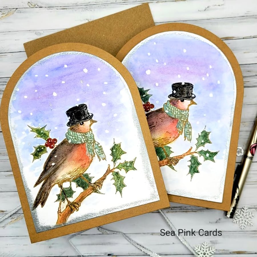 Robin Christmas Cards - 2 card set, letterpress style, watercolour, retro 
