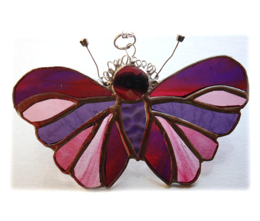 Cranberry Butterfly Suncatcher Stained Glass Handmade 059