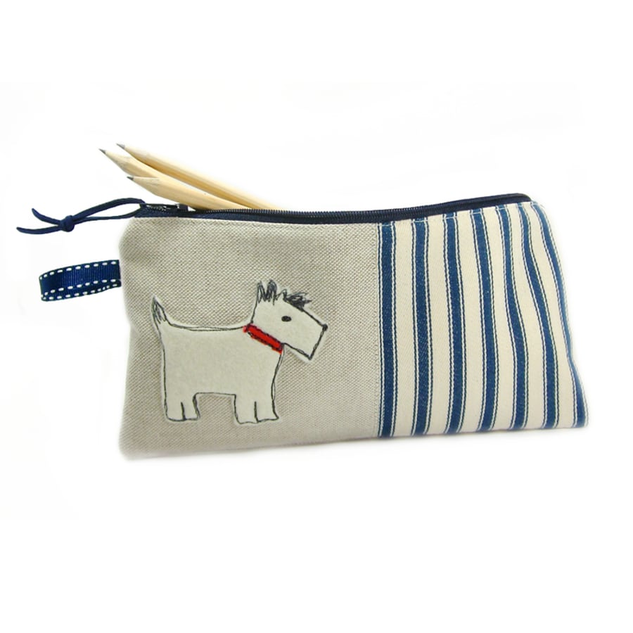 Pencil Case Scotty Dog & Blue Ticking