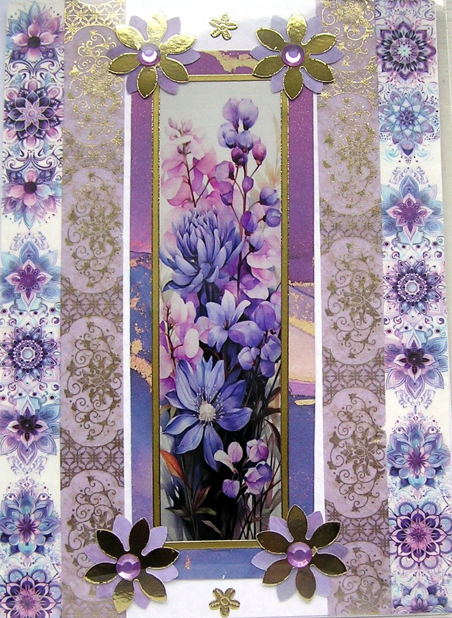 Purple Summer Flowers - Hand Crafted Decoupage Greeting Card - Blank 3073