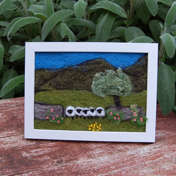 Five sheep stonewall wool painting.  Needlefelt picture with hand embroidery