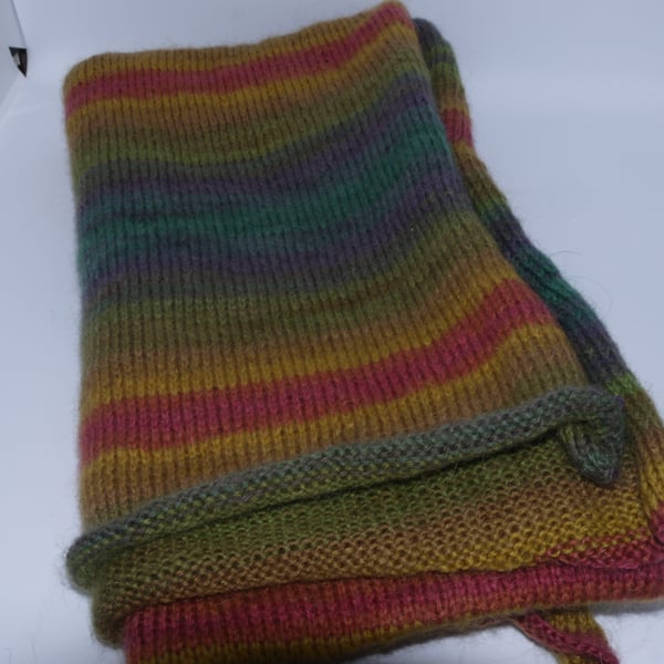 Hand knitted multicoloured simple striped winter scarf