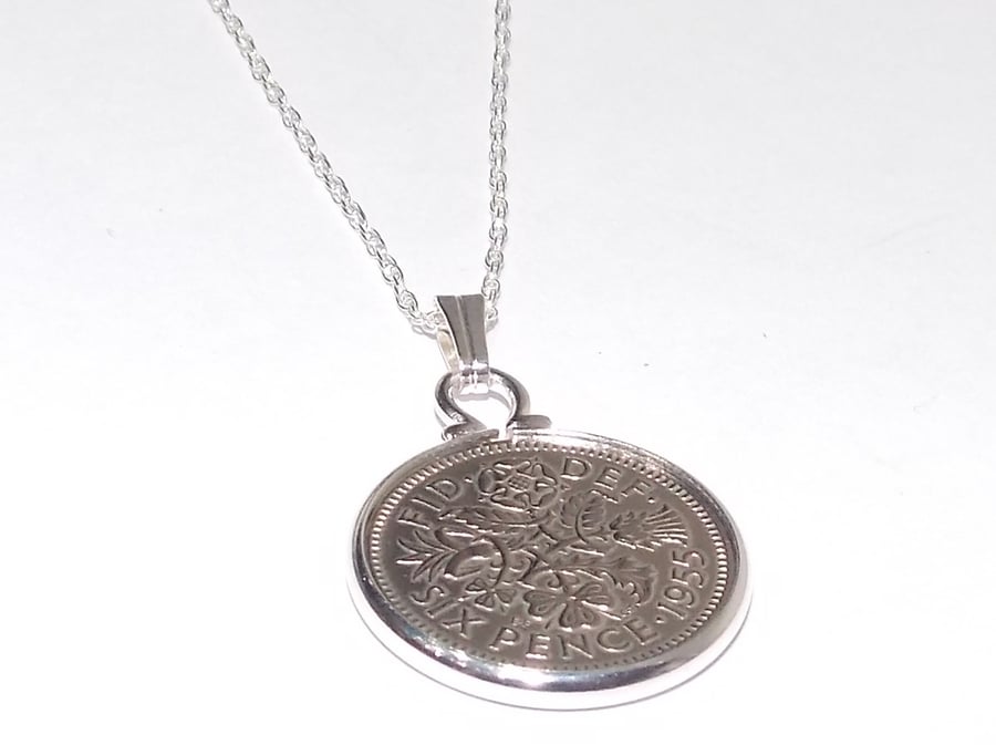 1956 68th Birthday Anniversary sixpence coin pendant plus 18inch SS chain gift