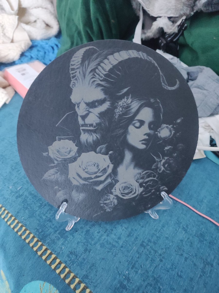 25 cm round Beauty and the beast laser engraved slate platter