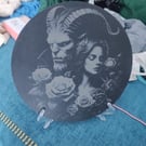 25 cm round Beauty and the beast laser engraved slate platter