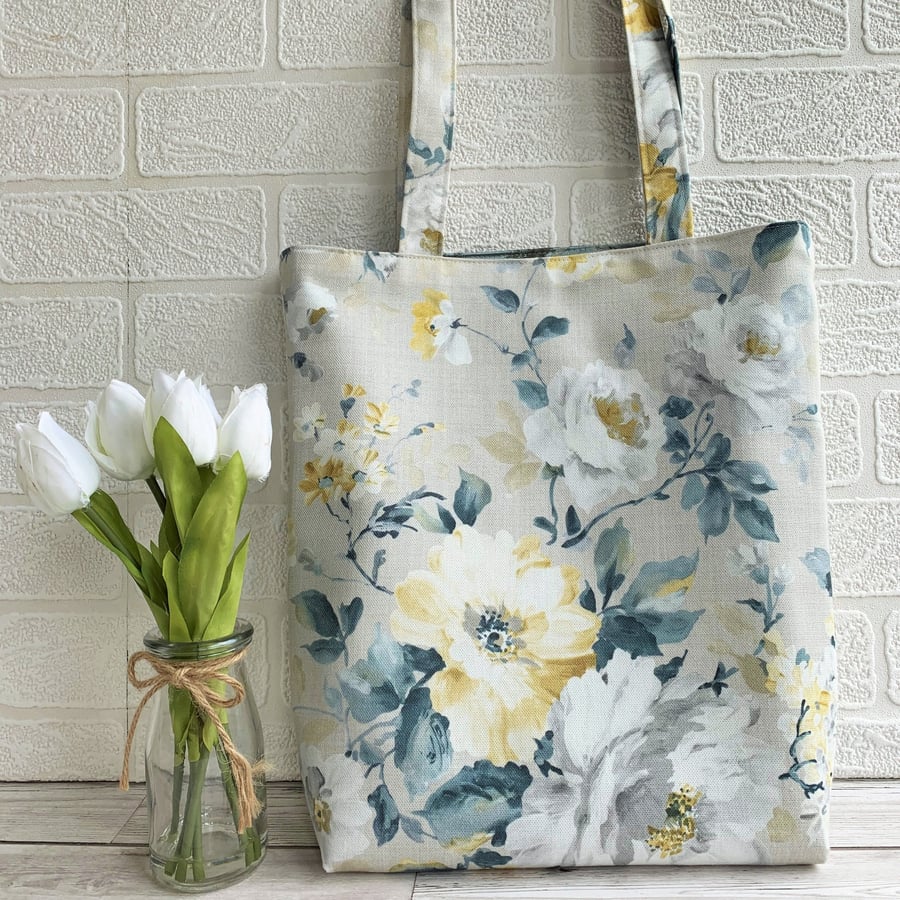 Yellow and white pastel rose and cottage garden floral tote bag