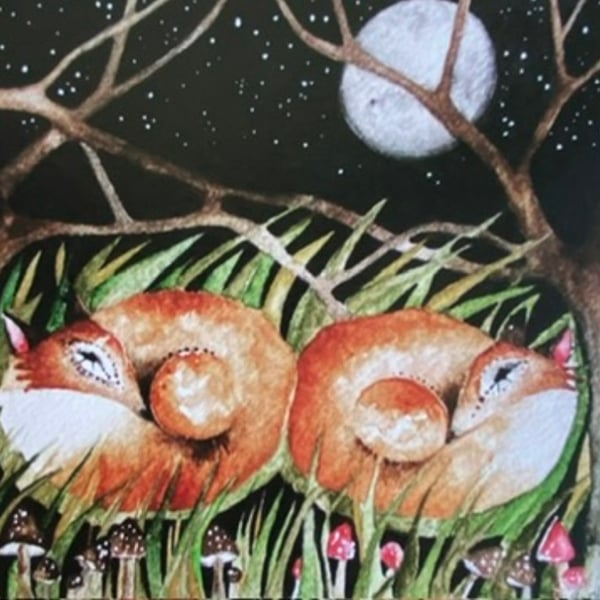 Whimsical Resting Foxes in Windy Night under the Moon Watercolour Print Artwork