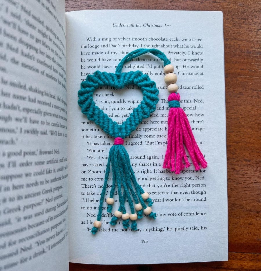 Bookmark Macrame Heart, Boho Inspired - Emerald & Pink FREE UK P&P