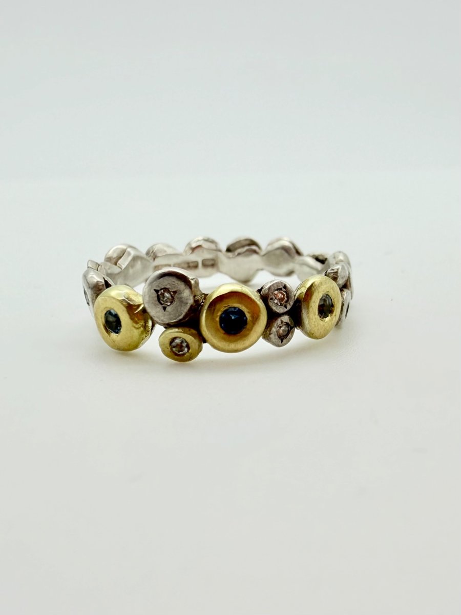 Gold, silver, diamonds and aquamarine ring. Handmade & hallmarked