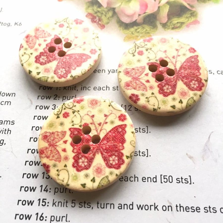 Pink butterflies wooden buttons x6