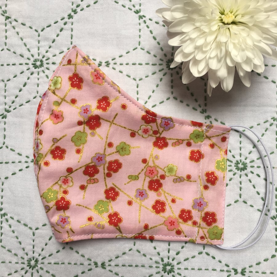 Japanese Pink and Red Blossoms Cotton Face Mask Adult Child Reusable