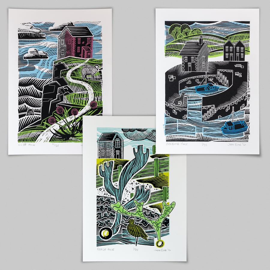 All three "Coastal Houses" screen prints