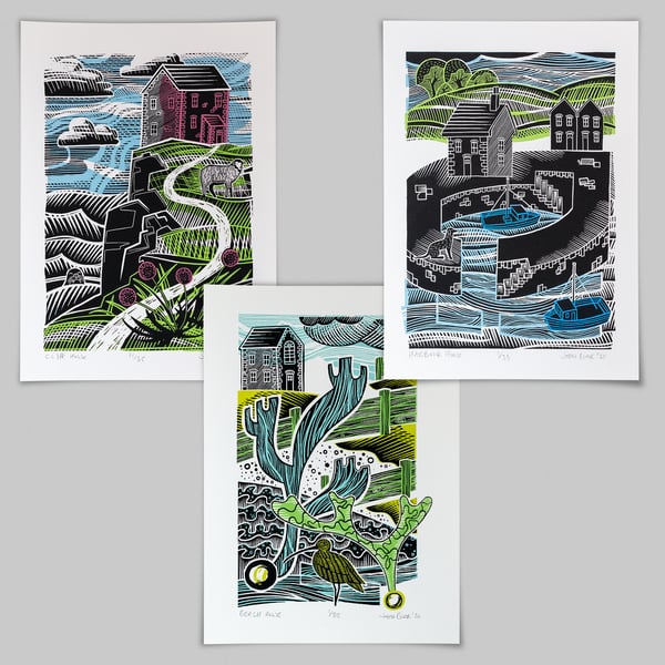 All three "Coastal Houses" screen prints