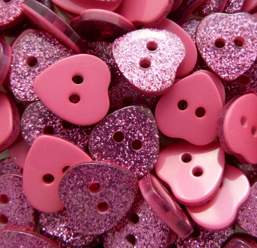 Glitter Heart Buttons,  14mm Fuchsia Heart Buttons