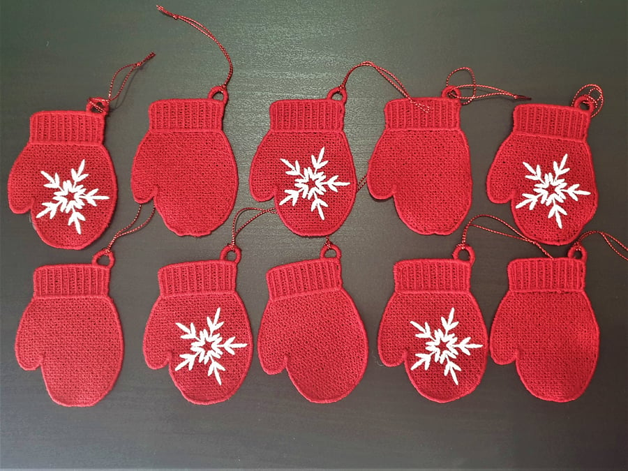 Set of 10 Embroidered Mitten Christmas Tree decorations, unique design