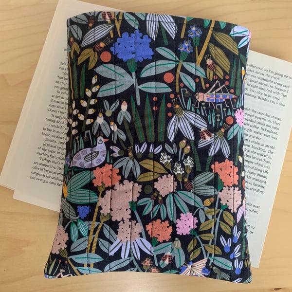 Flowers And Garden Creatures Quilted Fabric Book Sleeve - Paperback Size