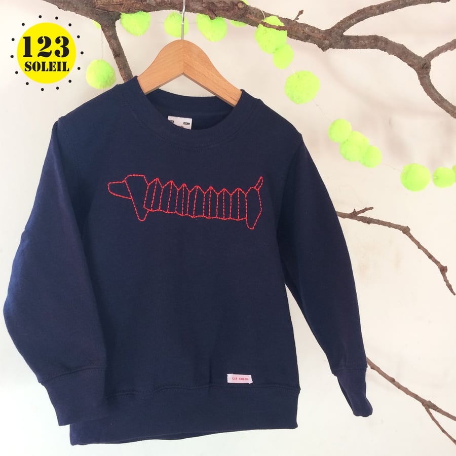 Navy hand embroidered dog unisex kids sweater 5-6 years old