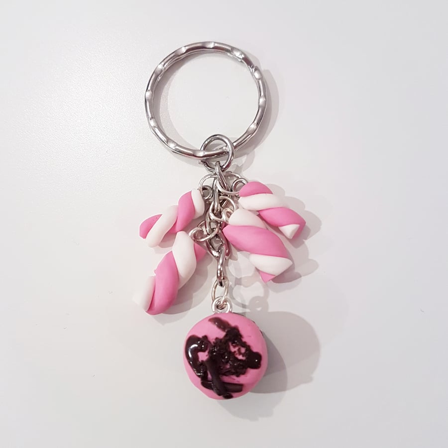 Retro pink and chocolate tart cluster Keyring Quirky, fun, unique, handmade 