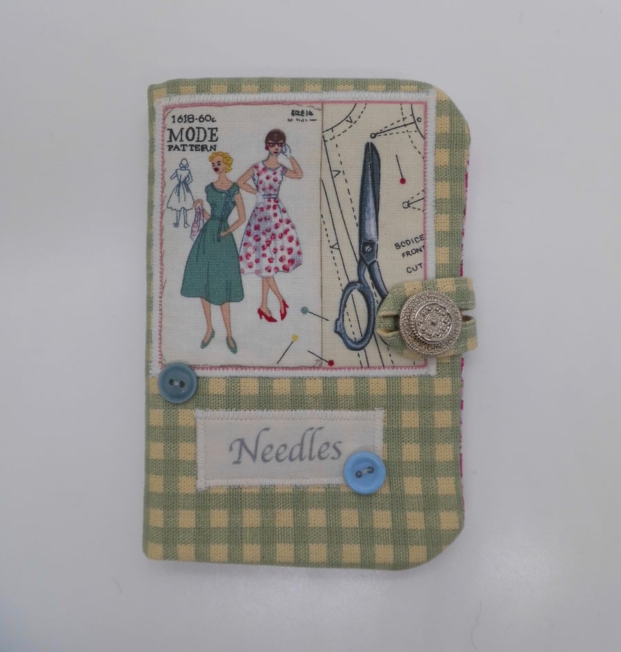 SOLD Sewing needle case green check print sewing pattern appliqué 