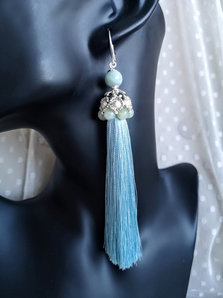 Jade Amazonite Tassel Gemstone Earrings Silver Earrings Dress Party Jewellery