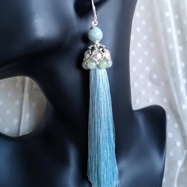 Jade Amazonite Tassel Gemstone Earrings Silver Earrings Dress Party Jewellery