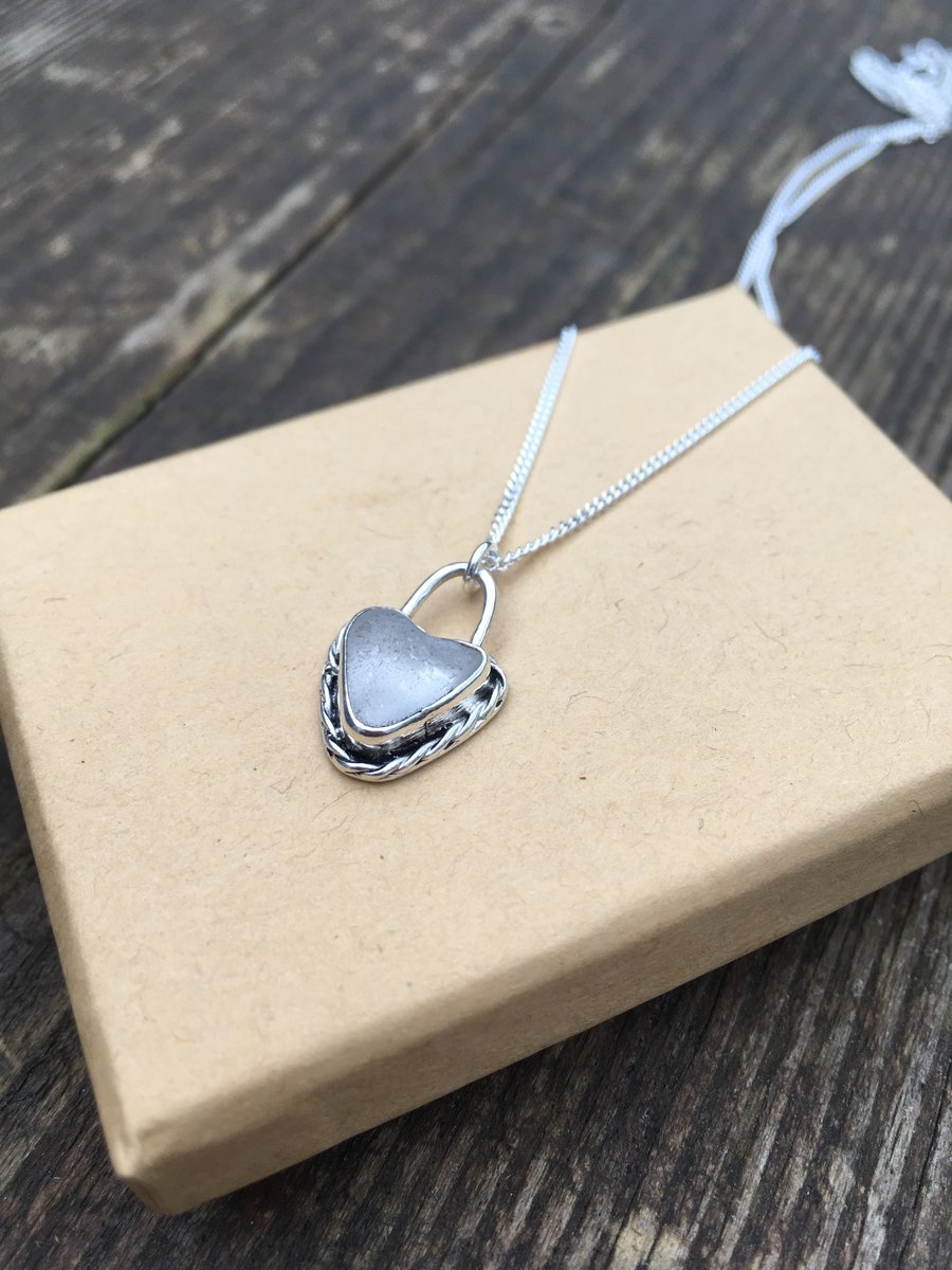 Heart shaped beige-grey sea-glass & silver necklace