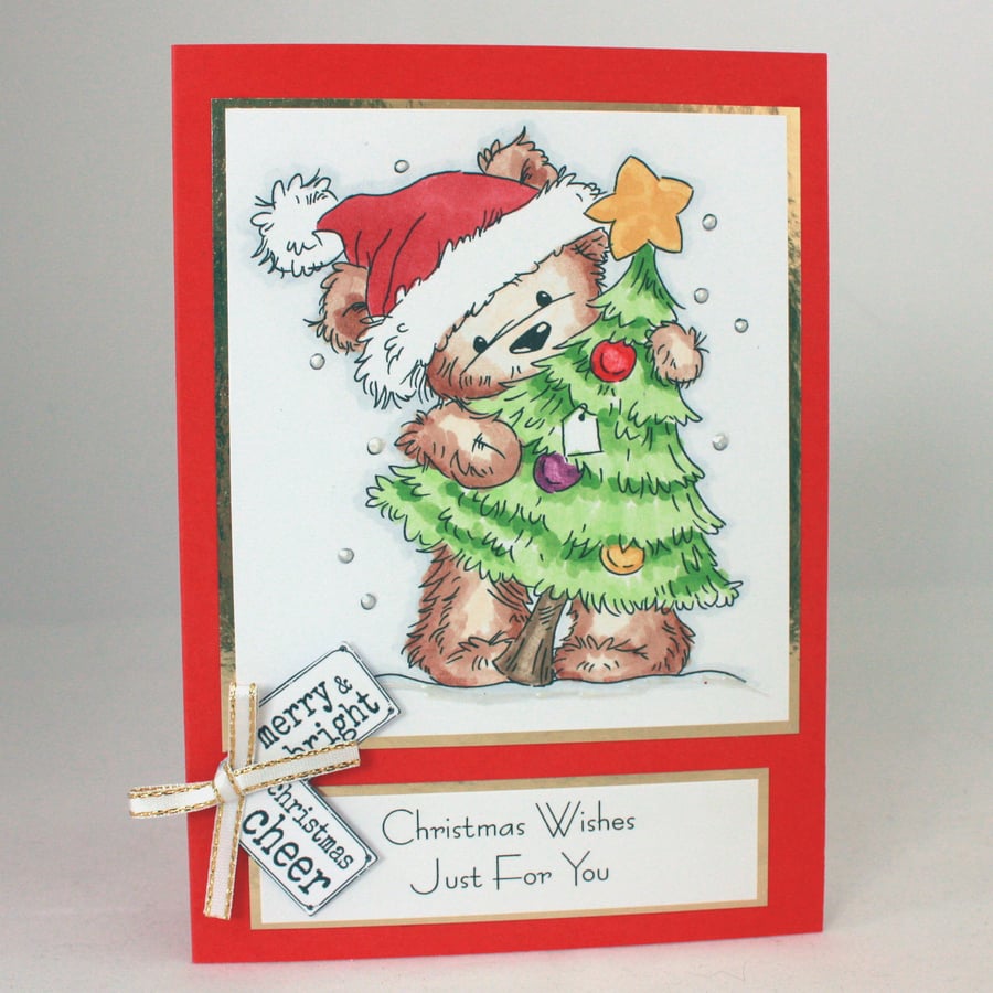 Handmade Christmas card - cute bear with Christmas tree