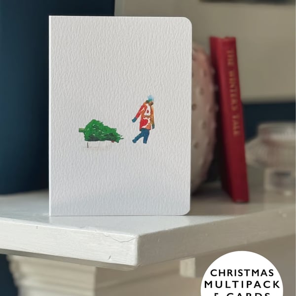 Christmas Card Cards Man Pulling Sledge watercolour style Multi pack (5-pack)