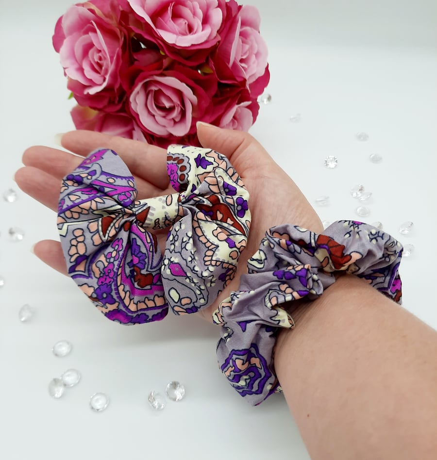 Purple pattern matching clip on bow and scrunchie
