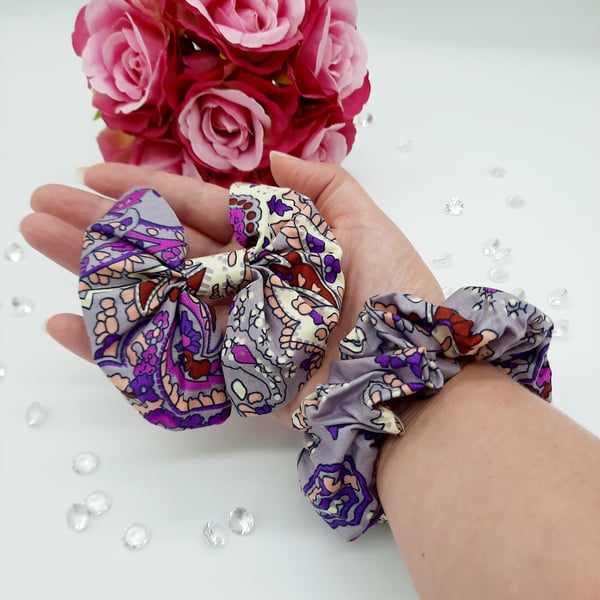 Purple pattern matching clip on bow and scrunchie