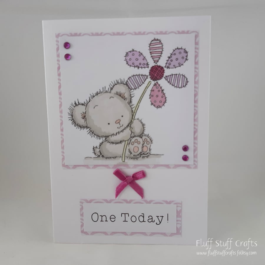 Handmade 1st Birthday card - bear with patchwork flower - one today