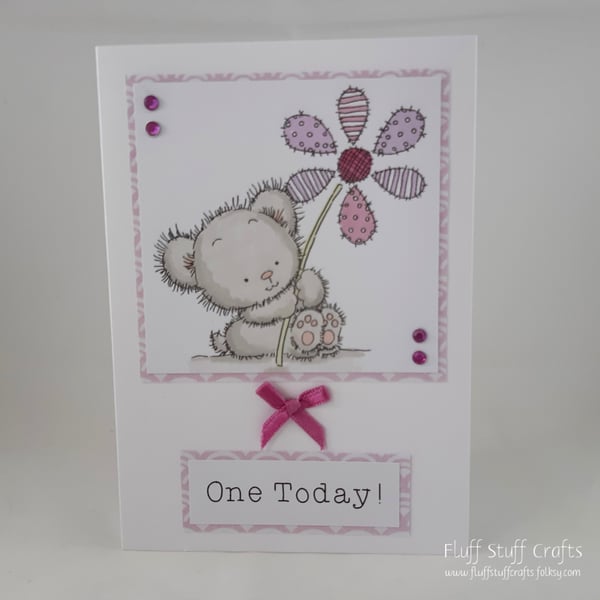 Handmade 1st Birthday card - bear with patchwork flower - one today